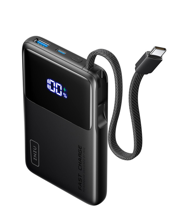 INIU 45W Power Bank, Slimmest 10000mAh Portable Charger with Built in USB-C Cable, Fast Charging USB C in&Out Battery Pack, Travel External Phone Cha