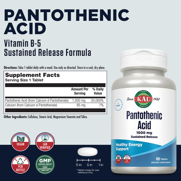 KAL Pantothenic Acid 1000mg Supplement for Men & Women - Vitamin B5 1000 mg, Supports Cellular Energy Metabolism, Nerve Function, Sustained Release,