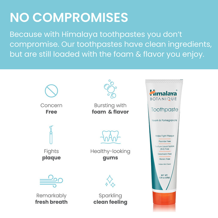 Himalaya Botanique Original Neem & Pomegranate Botanical Toothpaste, Fights Plaque, Brightens Teeth, Fluoride Free, No Artificial Flavors, SLS Free,