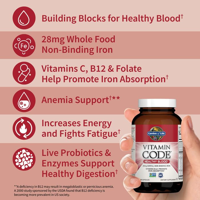 Garden of Life Vitamin Code Healthy Blood - Iron Supplement for Women, 60 Vegan Capsules, with Vitamins B, C, Trace Minerals, Fruit Veggies, Probioti