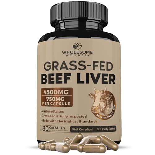 Wholesome Wellness Grass Fed Desiccated Beef Liver Capsules (180 Pills, 750mg Each) - Natural Iron, Vitamin A, B12 for Energy - Raised Undefatted in