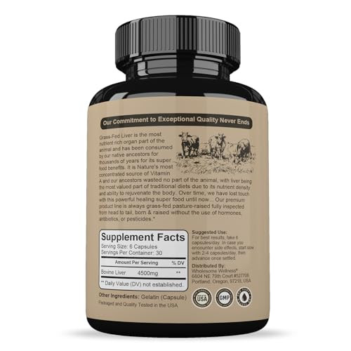 Wholesome Wellness Grass Fed Desiccated Beef Liver Capsules (180 Pills, 750mg Each) - Natural Iron, Vitamin A, B12 for Energy - Raised Undefatted in