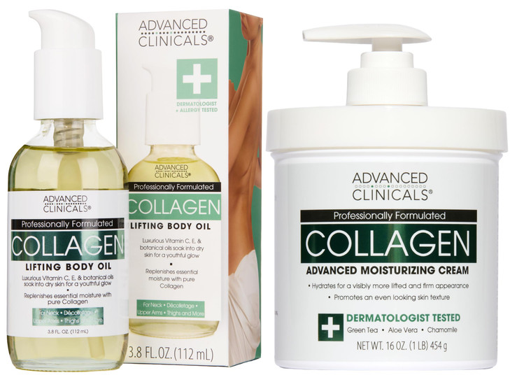 Advanced Clinicals Unscented Collagen Cream Face Moisturizer & Body Lotion + Collagen Body Oil Skincare 2pc Set For Women & Men Helps Reduce Appearan