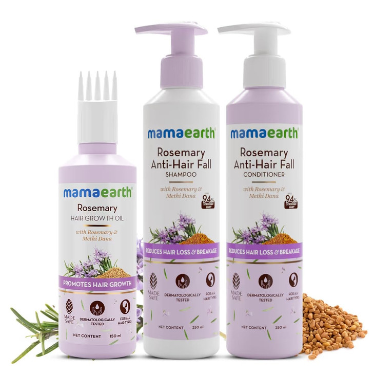 MAMAEARTH Rosemary Hair Fall Control Kit | Oil 150ml + Anti Hair Fall Shampoo 250ml + Conditioner 250ml | Strengthens Roots & Reduces Breakage | 3 St