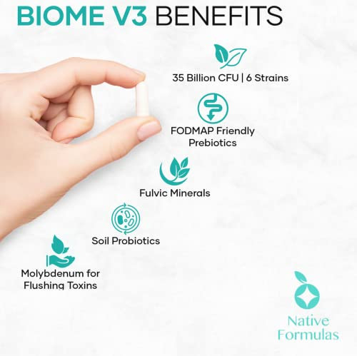 Native Formulas Biome V3 Probiotic, Prebiotic, & Fulvic Minerals Supplements - 35 Billion CFU - 6 Strains - 60 Vegan Capsules - Women & Men - FODMAP