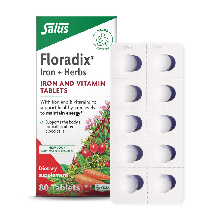 Floradix Iron Tablets - Iron Supplement with B Vitamins, Folic Acid, Vitamin C & More - Energy Support - Vegetarian & Gluten-Free - 80 Tablets (80 Se