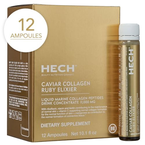 HECH Caviar Collagen Ruby Elixier - Beauty Supplement with 11,000 mg Marine and Caviar Collagen Peptides, Polyphenols and Complex of 9 bioactive Vita