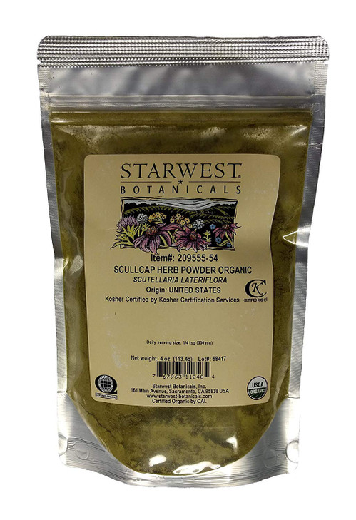 Starwest Botanicals Organic Skullcap Herb Powder - Dried Skullcap for Tea, Smoothies, Dressings, Herbal Blends, & More, Scutellaria Lateriflora, Non
