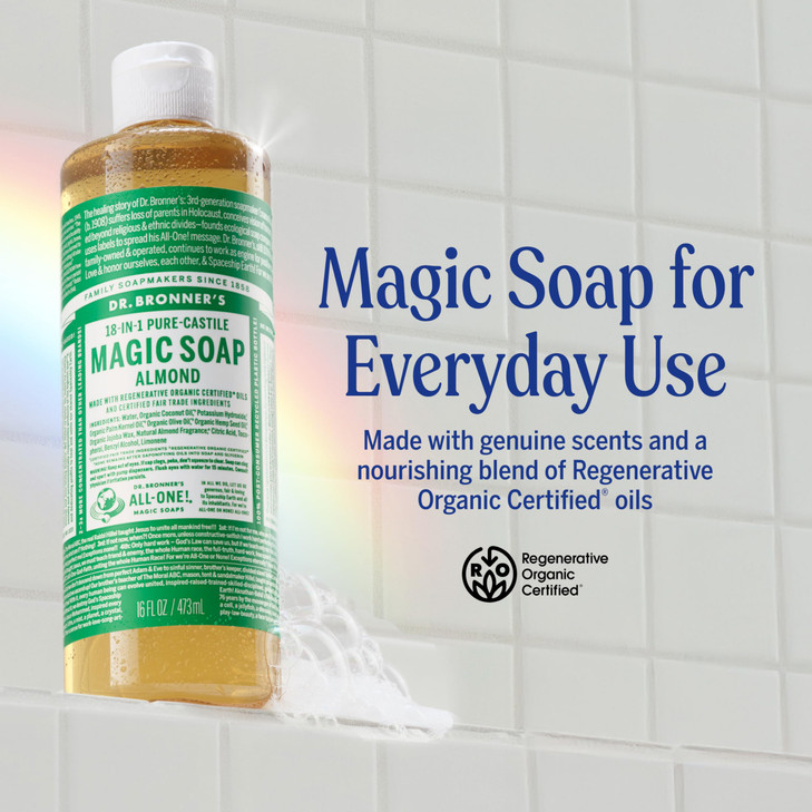 Dr. Bronner's Pure-Castile Magic Liquid Soap (Almond, 16 Ounce, 2-Pack)- Made with Regenerative Organic Certified Oils, 18-in1 Uses: Face, Hair, Hand