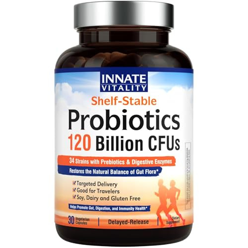 Innate Vitality Probiotics 120 Billion CFUs for Men & Women, 34 Strains with Prebiotics & Digestive Enzymes, Immune & Digestive Health, Delayed Relea