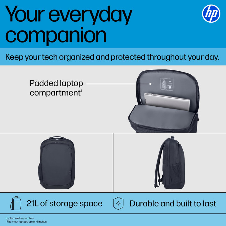 HP Everyday 16-inch Laptop Backpack, 21 L, Water Resistant, Comfort Design, Trolley Strap, Water Bottle Pocket, FSC-Certified Packaging, Key FOB, Cab