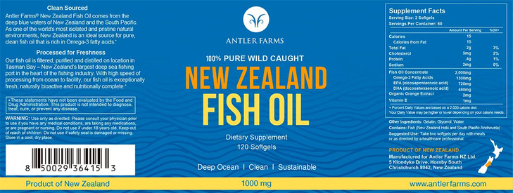 Antler Farms - 100% Pure Wild Caught New Zealand Fish Oil from Deep Ocean, Cold Water Fish, 120 Softgels - Clean, Fresh Omega-3 EPA + DHA Supplement,