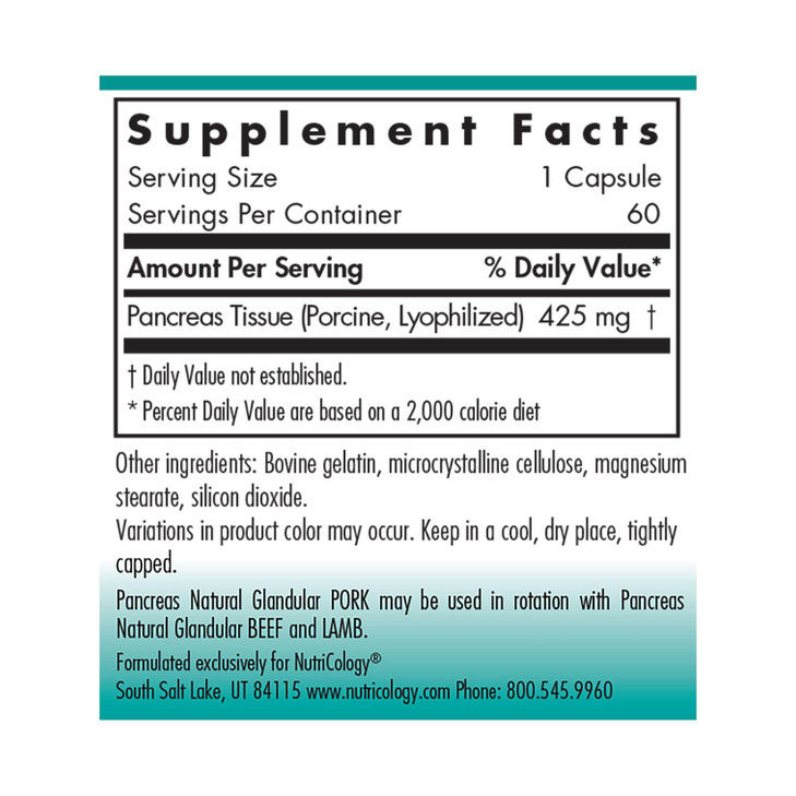 Nutricology Pancreas Pork 425mg Supplement - Pancreas Natural Glandular, Pancreatic Enzymes, Amylase, Protease, Lipase, Hypoallergenic - 60 Count