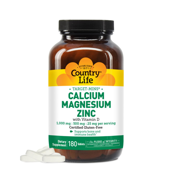 Country Life Calcium Magnesium Zinc with Vitamin D3 and L-Glutamic Acid, Dietary Supplement for Bone Support, Certified Gluten Free , 1000mg/500mg/25