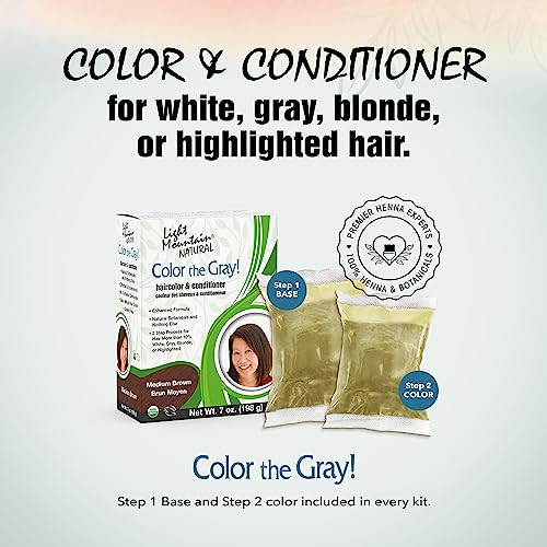 Light Mountain Henna Hair Color & Conditioner, Color the Gray - Medium Brown Hair Dye for Men/Women, 2-Step Chemical-Free, Semi-Permanent Hair Color
