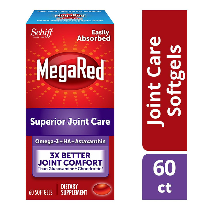 Omega-3 Krill Oil and Joint Supplement - Megared Joint Care 60 softgels - EPA/DHA fatty acids, Antioxidants, Hyaluronic acid, No fishy burp aftertast