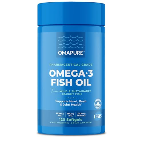OMAPURE Fish Oil Supplements with Omega 3 Fatty Acids (1 Bottle, 120 Softgels) - High EPA, DHA, & IFOS Fish Oil Pills Support Heart & Joint Health -