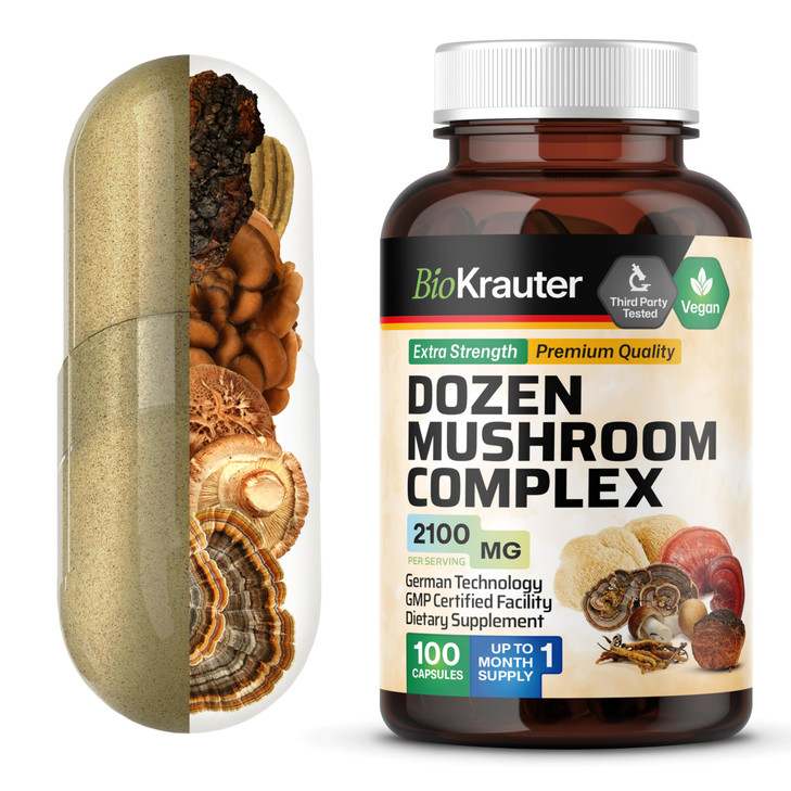 BIO KRAUTER® Mushroom Complex for Immune Support 12-in-1 Lions Mane, Turkey Tail, Cordyceps, Chaga, Maitake, Reishi and More - 2100 mg per Serving 1