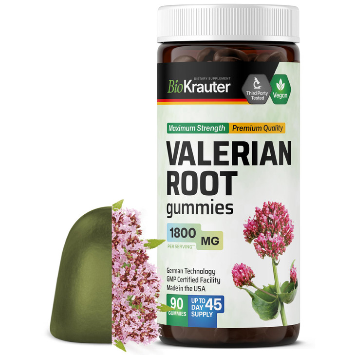 BIO KRAUTER Valerian Root Gummies - 1800 mg Strength - 90 Vegan Chews - No Melatonin - Support Relaxation & Calmness - Valerian Root Extract