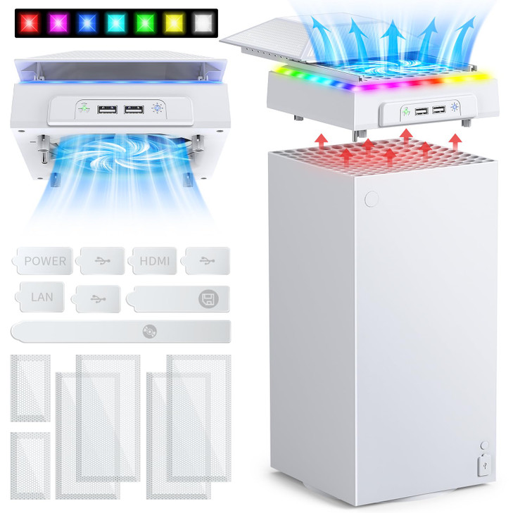 FASTSNAIL Cooling Fan with Dust Cover for Xbox Series X, Cooling System Top Fan with RGB Light, 3.0 &2.0 USB Port, Dust Proof Filter, Low Noise with