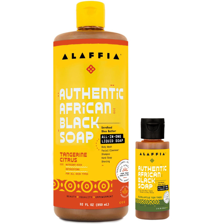 Alaffia Authentic African Black Soap, Tangerine Citrus (32 Oz) + Eucalyptus Tea Tree (2 Oz)  All-in-One Moisturizing Cleanser for Face, Hands, Body