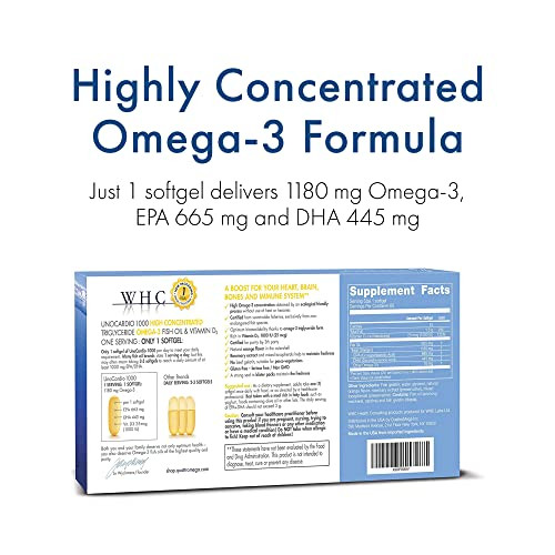 WHC, UnoCardio 1000 Fish Oil, 1300 mg of Pure Triglyceride Fish Oil with Omega-3 (1180 mg), 665 mg EPA and 445 mg DHA and 25 mcg (1000 IU) Vitamin D3
