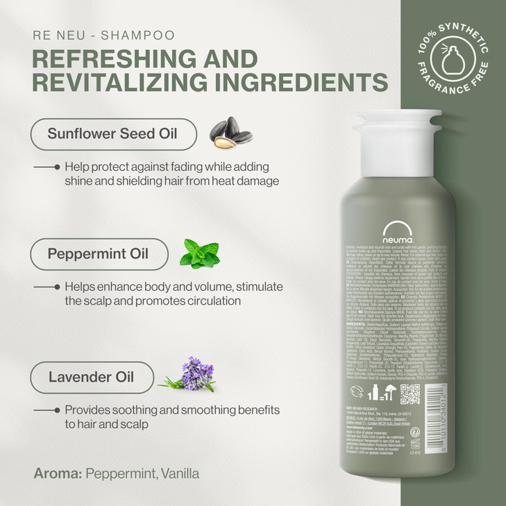 Neuma Re Neu Shampoo 8.5 Fl. Oz. Revitalizing, Soothing & Gentle Cleansing Sulfate Free Shampoo, Peppermint & Vanilla Scent
