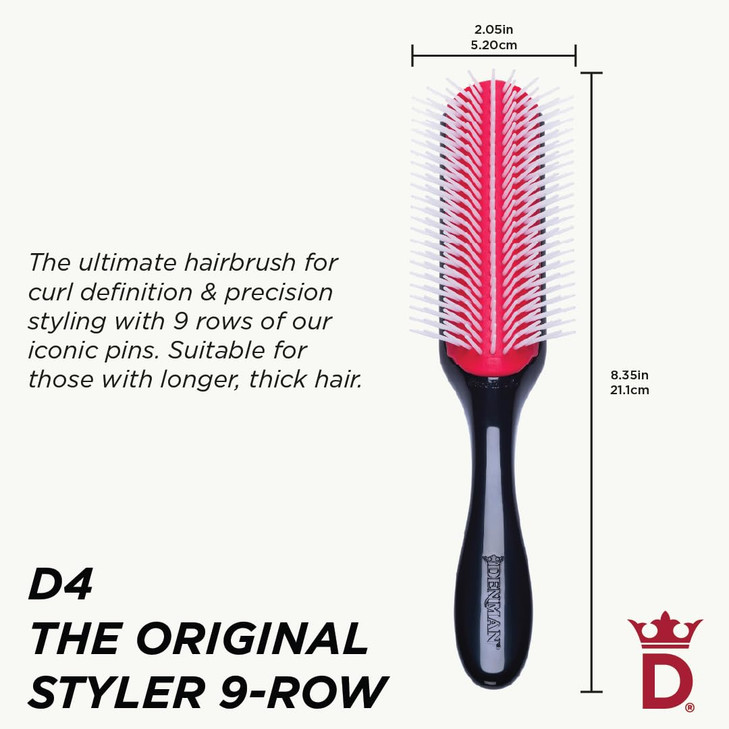Denman D4 Original Curl Definer & Styler, Curly Hair Brush for Women & Men  9 Row Detangling & Curl Defining Brush for Smooth Defined Curls - a Prec