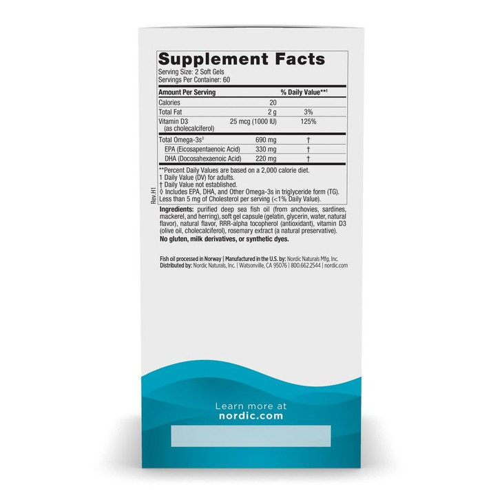 Nordic Naturals Omega-3D, Lemon Flavor - 120 Soft Gels - 690 mg Omega-3 + 1000 IU Vitamin D3 - Fish Oil - EPA & DHA - Immune Support, Brain & Heart H