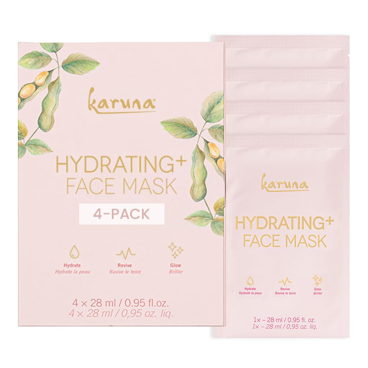 Karuna Hydrating+ Sheet Masks 4-Pack | Deep Moisturizing K-Beauty Face Masks with Hyaluronic Acid & Peptides | For Dry, Aging Skin | Vegan & Cruelty-