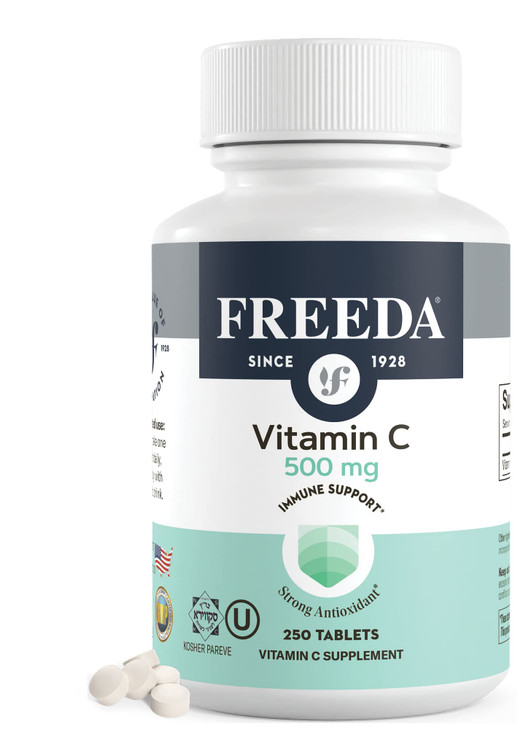 FREEDA Vegan Vitamin C 500mg  Kosher Immune Support & Antioxidant  Helps Maintain Healthy Skin & Hair, Supports Iron Absorption  No Gluten, No Lac