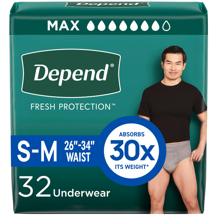 Depend Fresh Protection Adult Diapers, Incontinence Underwear for Men, Disposable, Maximum, Small/Medium, Grey, 32 Count, Packaging May Vary