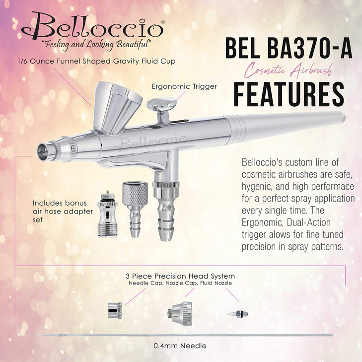 Belloccio Cosmetic Makeup Airbrush Multi-Purpose Precision Gravity Feed Airbrush with a 0.4mm Tip and 1/16 oz Cup