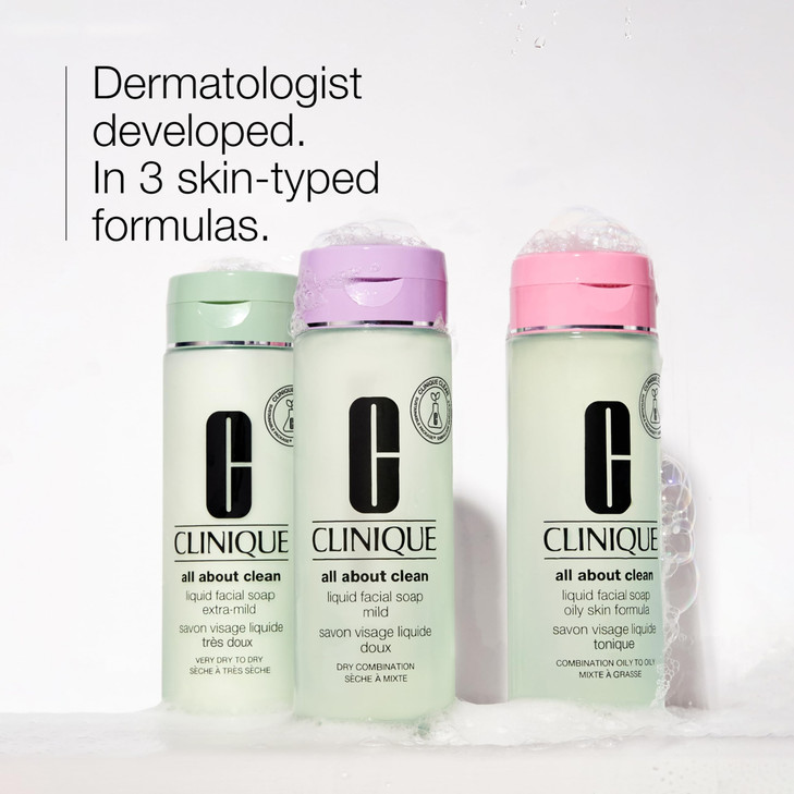 Clinique 3-Step All About Clean Liquid Gentle Facial Cleanser Soap | Face Wash For Dry Combination Skin | Type 2, 6.7 Fl Oz