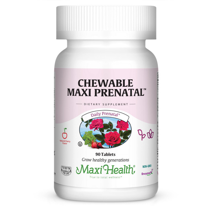 Maxi Health Chewable Prenatal Vitamins for Women  Prenatal with Iron, Biotin, Pantothenic Acid, & Magnesium  Kosher, Cherry Flavor Pregnancy Vitami