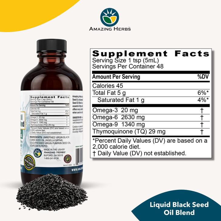 Amazing Herbs Black Seed and Pumpkin Seed Cold-Pressed Oil Blend - Gluten-Free, No Preservatives, High in Omega 3, 6, & 9, Improves Immune Respones &