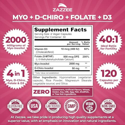 Myo and D-Chiro Inositol Supplement for Women - Fertility Supplement for Women with Ideal 40:1 Ratio Myo & D-Chiro Inositol D3 & Methylfolate Ovarian