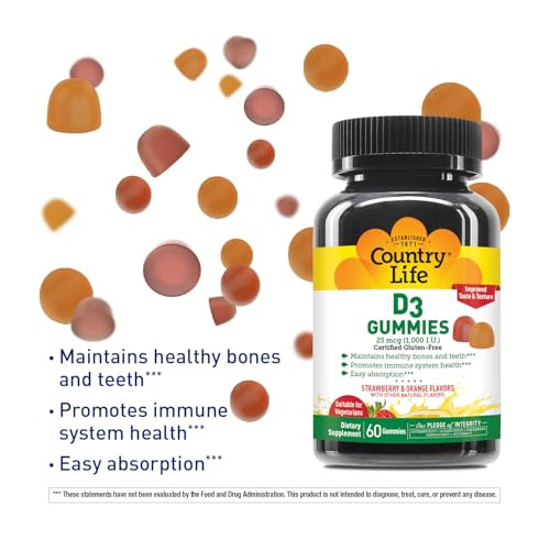 Country Life Vitamin D3 Gummies  1,000 IU Cholecalciferol, 60 Count  Supports Bone & Immune Health  Vegetarian, Gluten-Free, Strawberry & Orange F