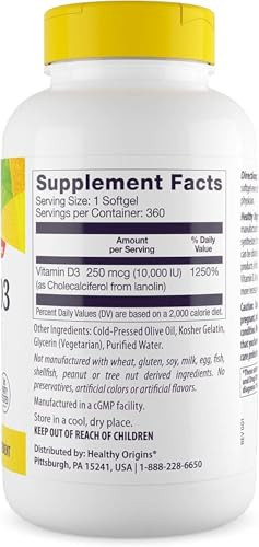 Healthy Origins Vitamin D3 10,000 IU (Non-GMO, High Potency, Bone Support, Immune Support, Gluten Free), 360 Softgels