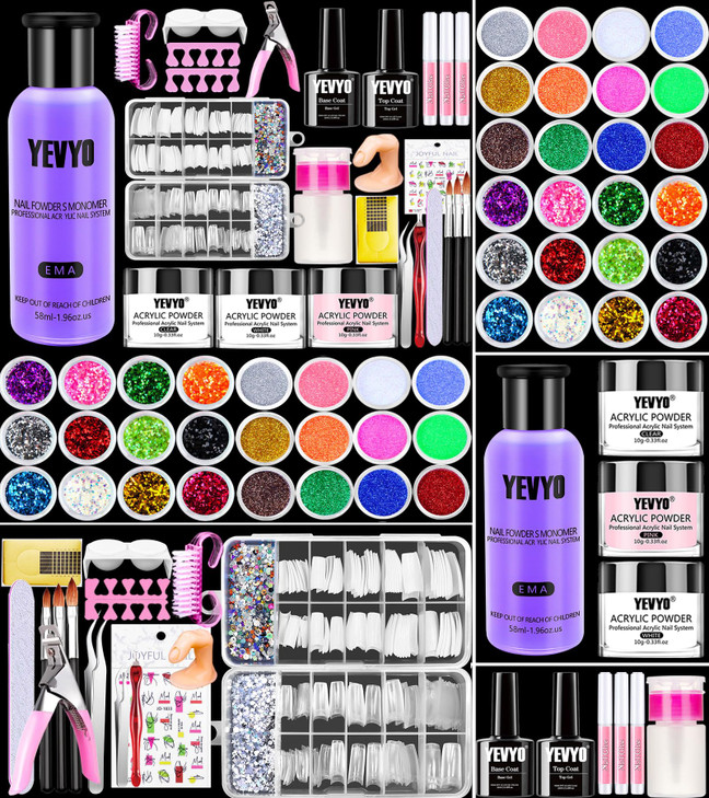 YEVYO Acrylic Nail Kit, 24 Color Glitter Acrylic Powder Monomer Liquid Set, Nail Kit Set Professional with Everything Acrylic Brushes and 200 Pcs Nai