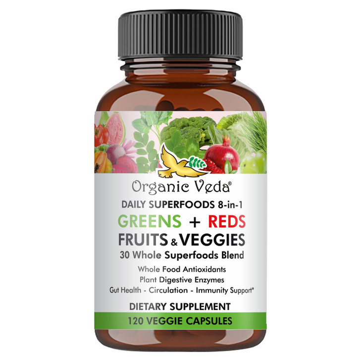 Organic Veda Super Greens Reds Veggies Capsules - 8 in 1 Daily 30 Whole Organic Superfoods Fruits & Vegetables Supplement - Papaya Enzymes, Spirulina