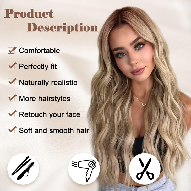 NAYOO Long Ombre Blonde Wavy Wig for Women 26 Inch Middle Part Curly Wavy Wig Natural Looking Synthetic Heat Resistant Fiber for Daily Party Use (Omb