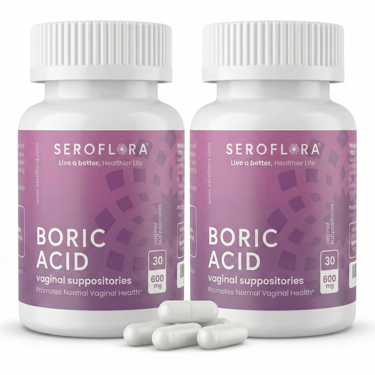 Seroflora Boric Acid Vaginal Suppositories 600mg  60 Count (30ct, 2 Bottles) Odor Control, Feminine pH Balance & Daily Freshness  Clean Holistic Hy
