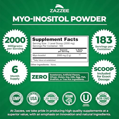 Zazzee Myo-Inositol Powder, 6 Month Supply, 183 Servings, 2000 mg per Serving, Free Scoop for Exact Dosage, 12.91 Ounces, 100% Pure, All-Natural Fert