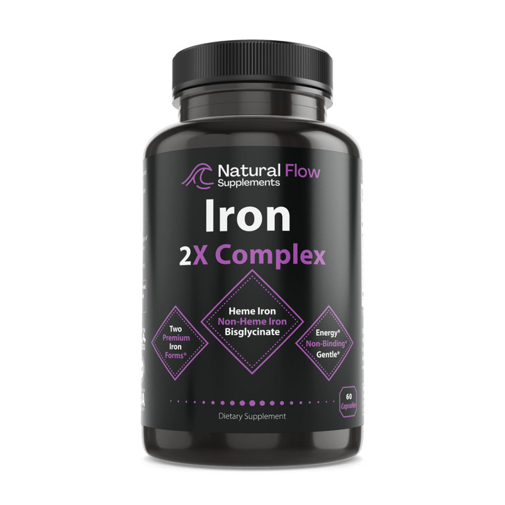 Iron Supplement 2-in-1 Complete Complex - Natural Flow 2X Heme and Chelated Non Heme Iron Bisglycinate, Folate, B and Vitamin C, for Anemia and Blood