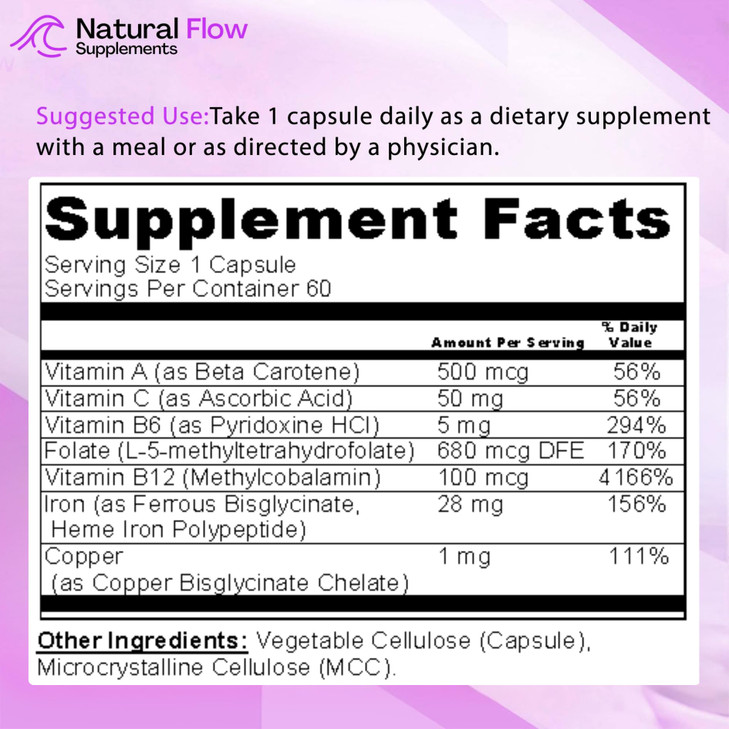 Iron Supplement 2-in-1 Complete Complex - Natural Flow 2X Heme and Chelated Non Heme Iron Bisglycinate, Folate, B and Vitamin C, for Anemia and Blood