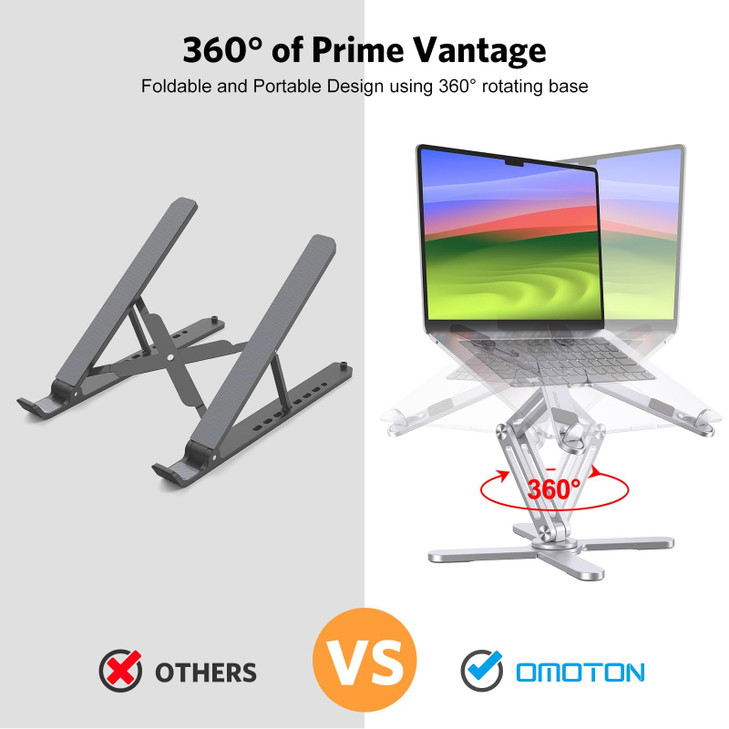 OMOTON LA10 360° Rotating Laptop Stand Riser for Desk, Ergonomic Foldable Computer Stand Adjustable Height Angles for Collaborative Work, Easy Storag