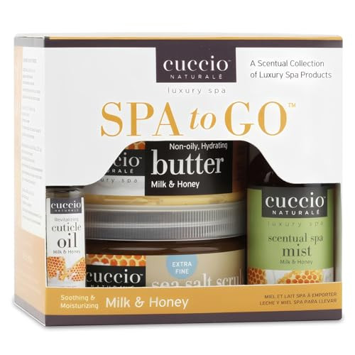 Cuccio 4 Piece Spa To Go Kit  Milk & Honey  Nourishing Skincare Set for Hydration and Softening