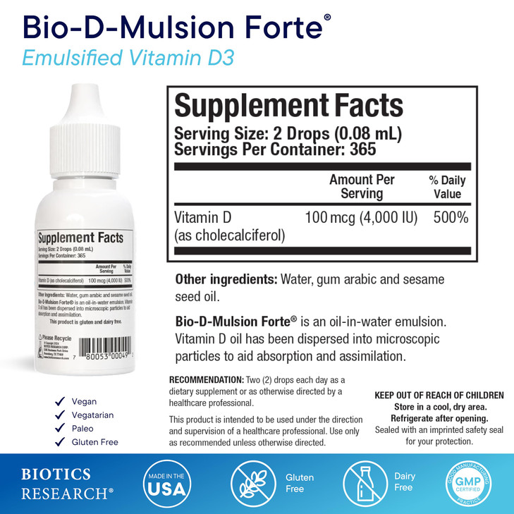Biotics Research Bio-D-Mulsion Forte Liquid Vitamin D Drops 4000 IU  Vitamin D3 2000iu /Drop for Adults Best Absorption, Strengthens Bones, Support