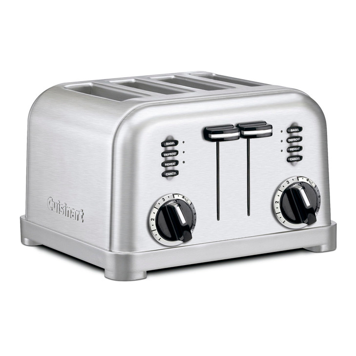 Cuisinart 4 Slice Compact Stainless Steel Toaster with Extra-Wide Slots for Bread, French Toast, Bagels & Pastries, Defrost & Reheat Functions, CPT-1